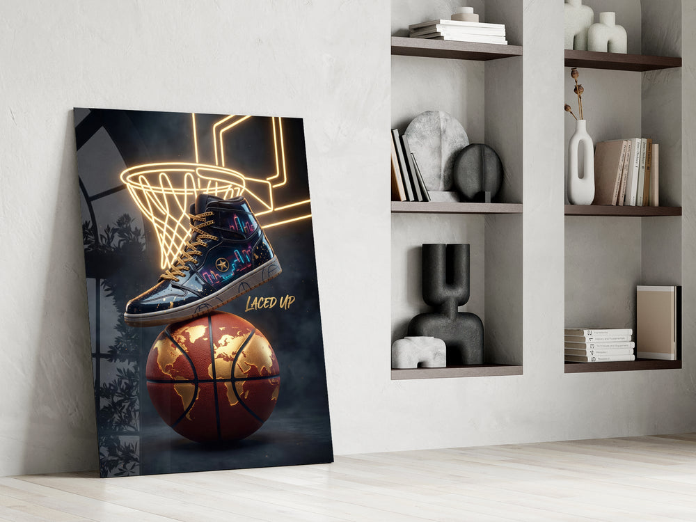 a high-top sneaker over a golden globe basketball panel resting in a shelving niche in a modern interior