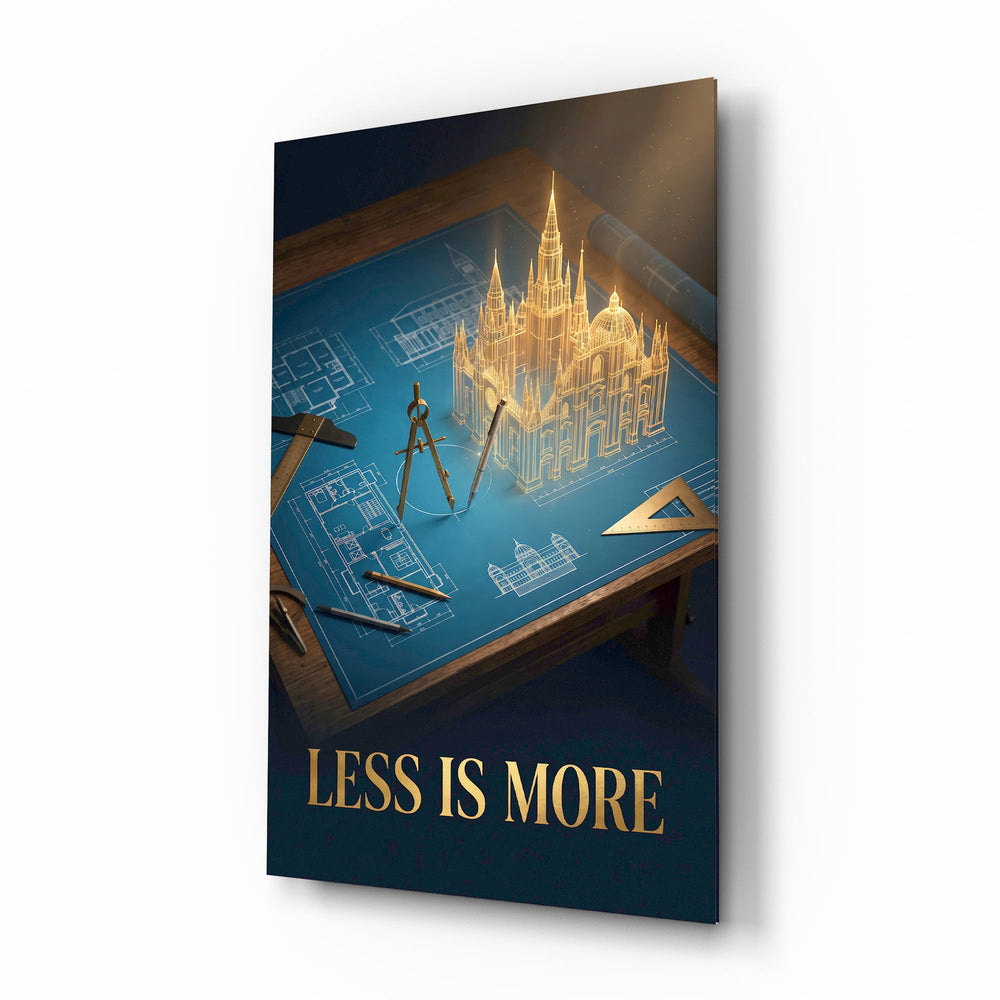 Less Is More Golden Blueprint Glass Wall Art - Lifestyle preview in a designer interior