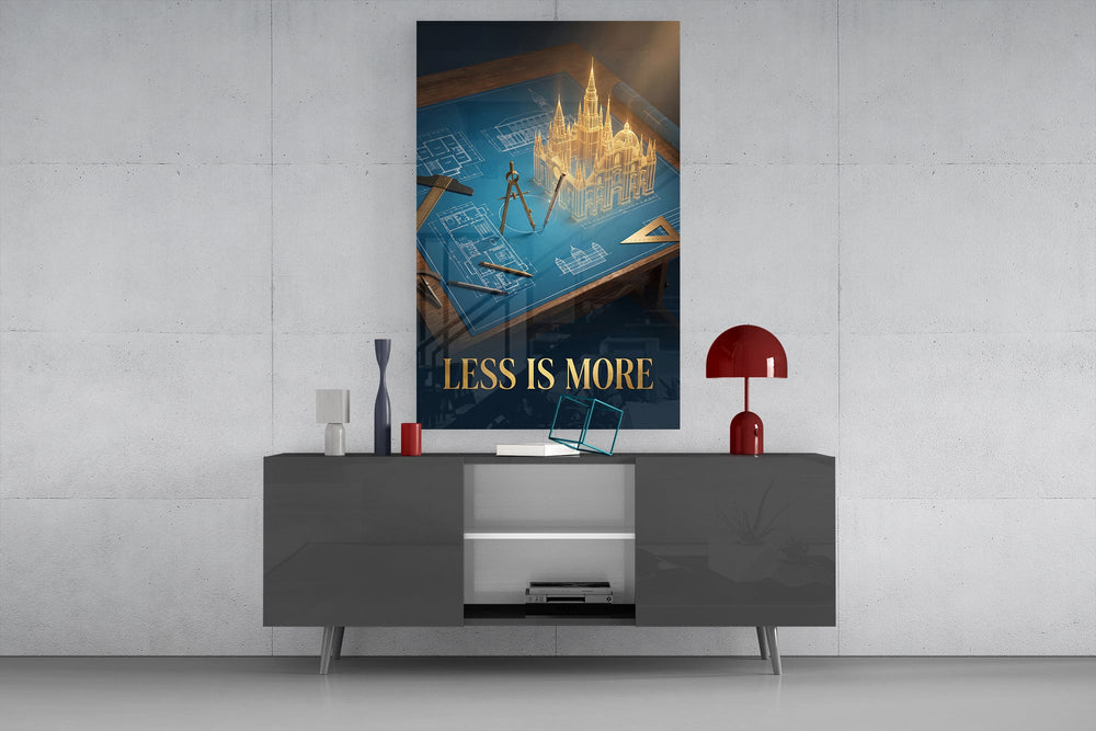 a golden cathedral rising from an architect's blueprint glass wall art displayed above a console in a designer interior