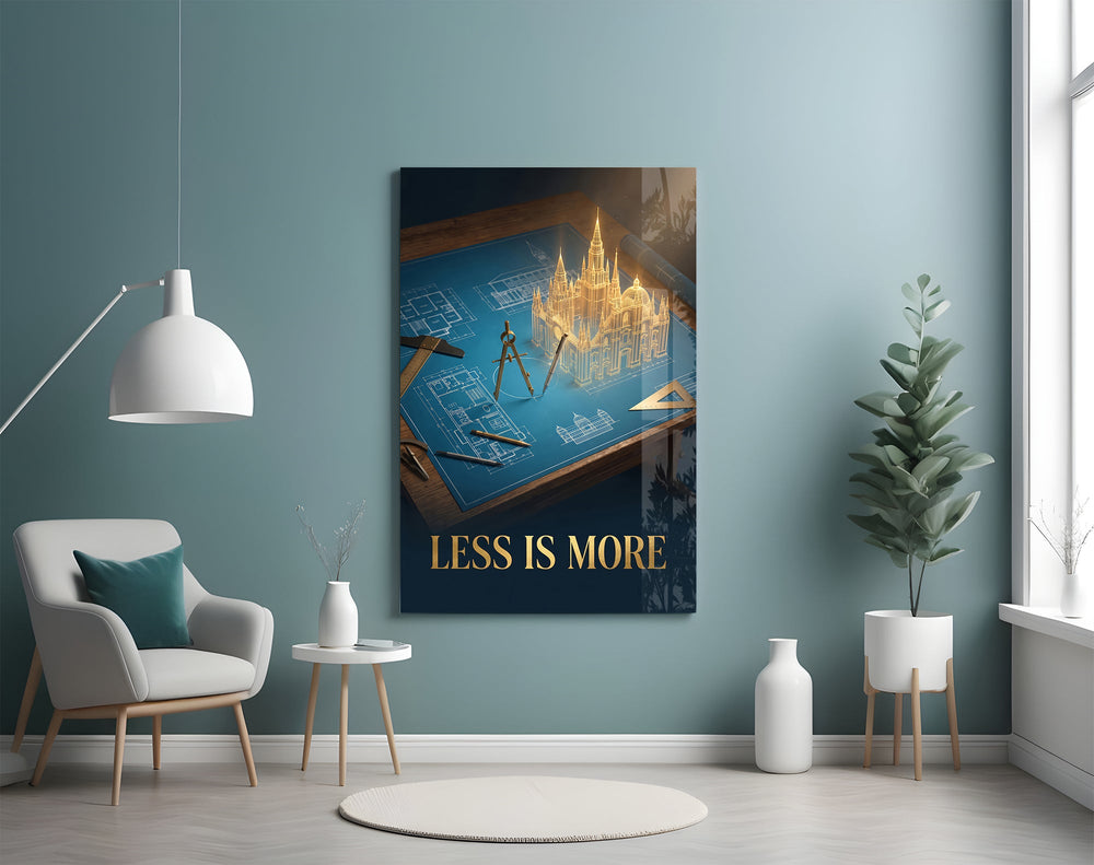 a golden cathedral rising from an architect's blueprint glass wall art styled above an armchair in a reading corner