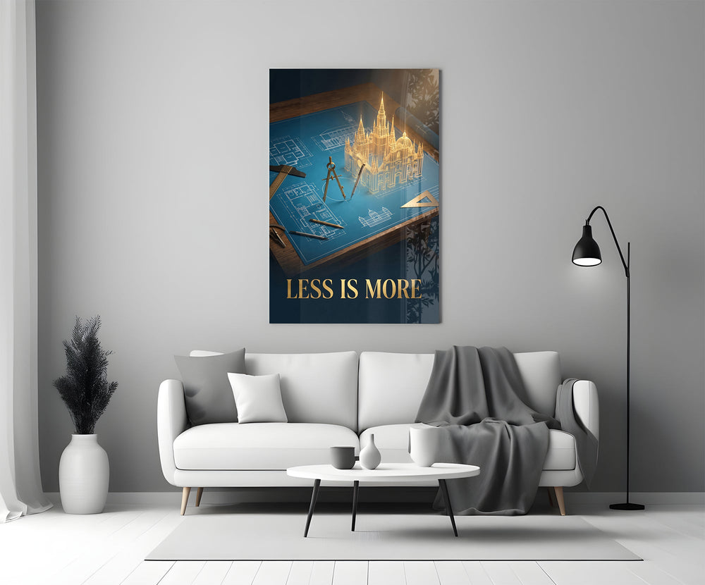 a golden cathedral rising from an architect's blueprint panel bringing character to a minimalist living room wall