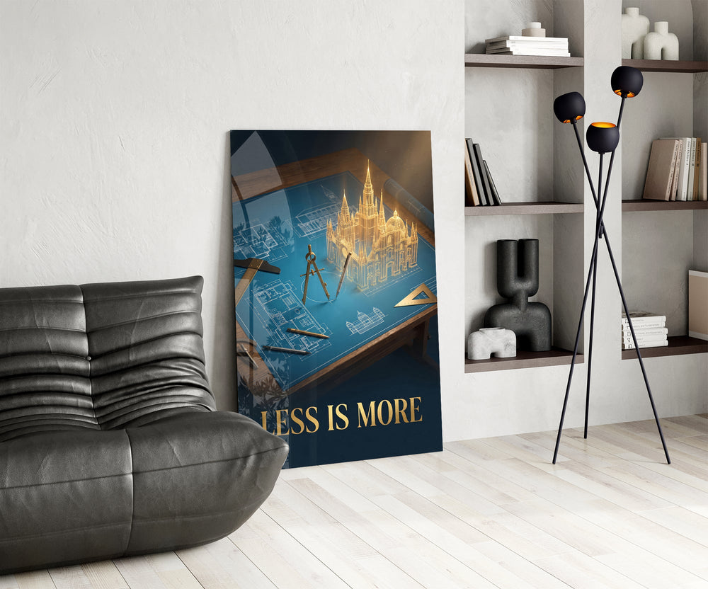 a golden cathedral rising from an architect's blueprint glass wall art leaning beside a dark leather sofa