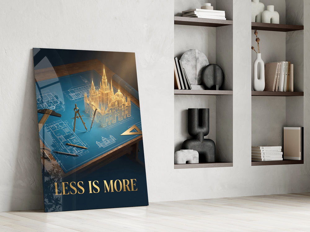 a golden cathedral rising from an architect's blueprint panel resting in a shelving niche in a modern interior