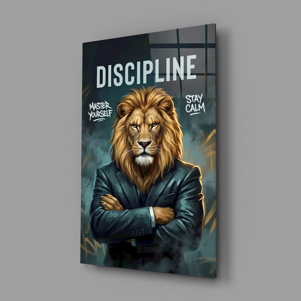 a stern lion in a suit with arms crossed glass wall art angled to show the polished tempered glass panel