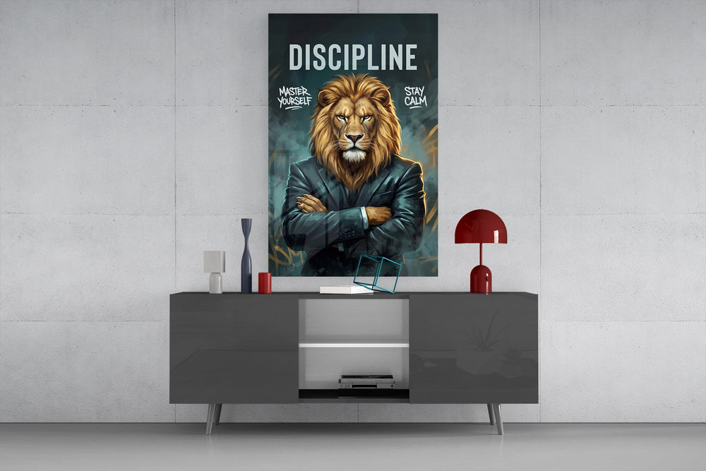 a stern lion in a suit with arms crossed glass wall art displayed above a console in a designer interior