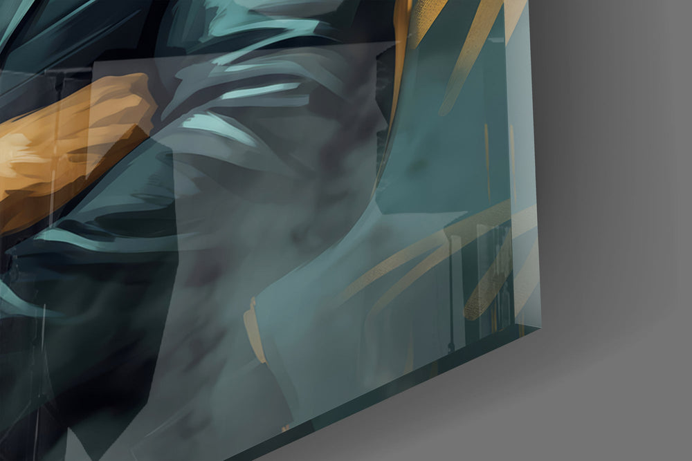 Close-up detail of the lion's lit mane and dark tailored suit on the glass surface