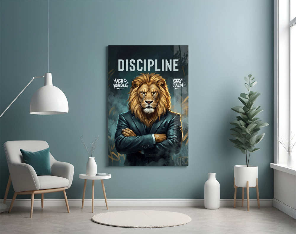 a stern lion in a suit with arms crossed glass wall art styled above an armchair in a reading corner