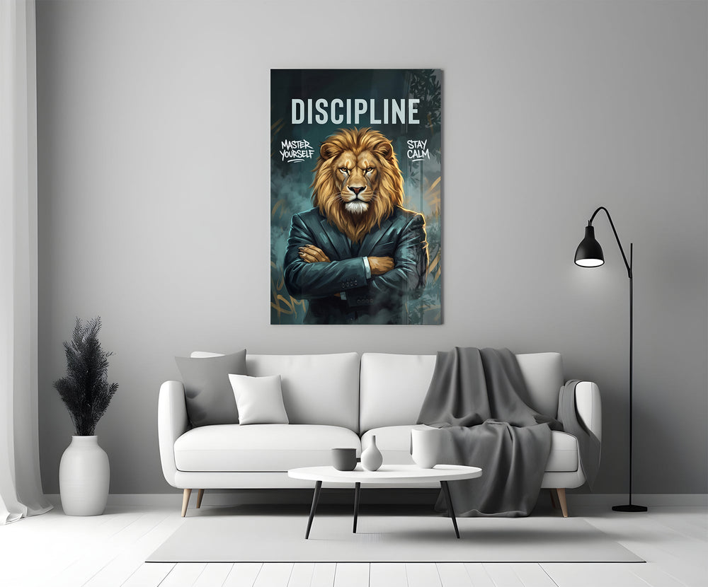 a stern lion in a suit with arms crossed panel bringing character to a minimalist living room wall