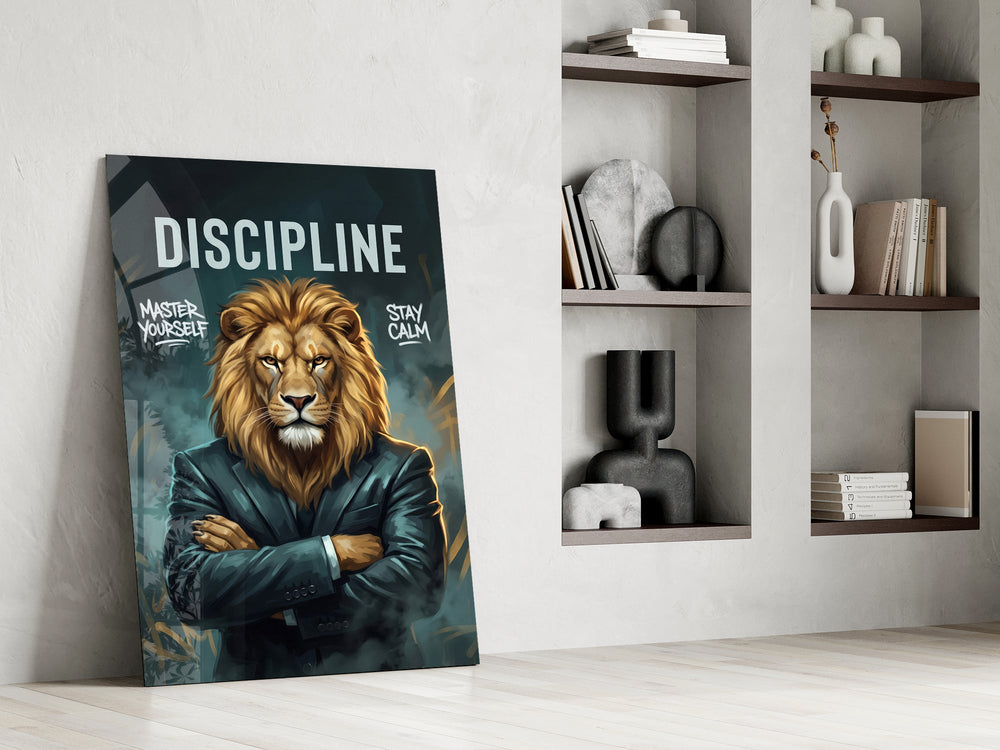 a stern lion in a suit with arms crossed panel resting in a shelving niche in a modern interior
