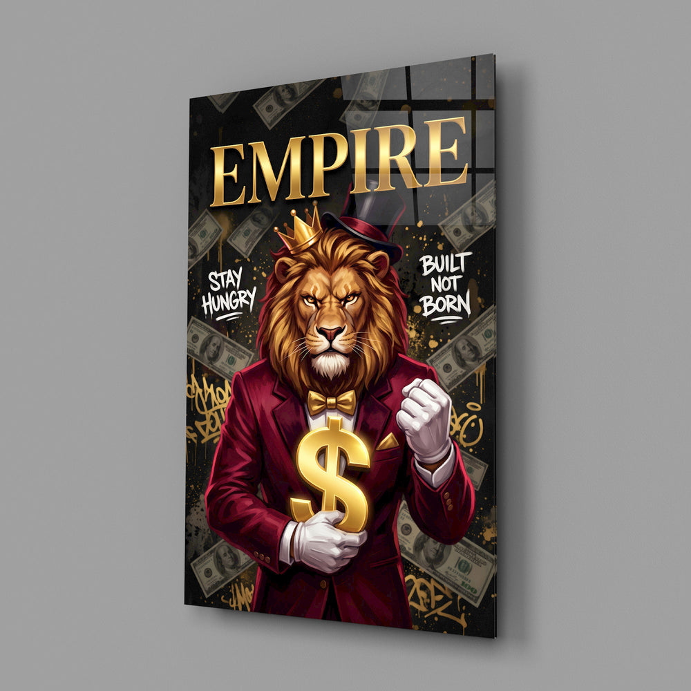 a crowned lion in a red suit holding a gold dollar sign glass wall art angled to show the polished tempered glass panel