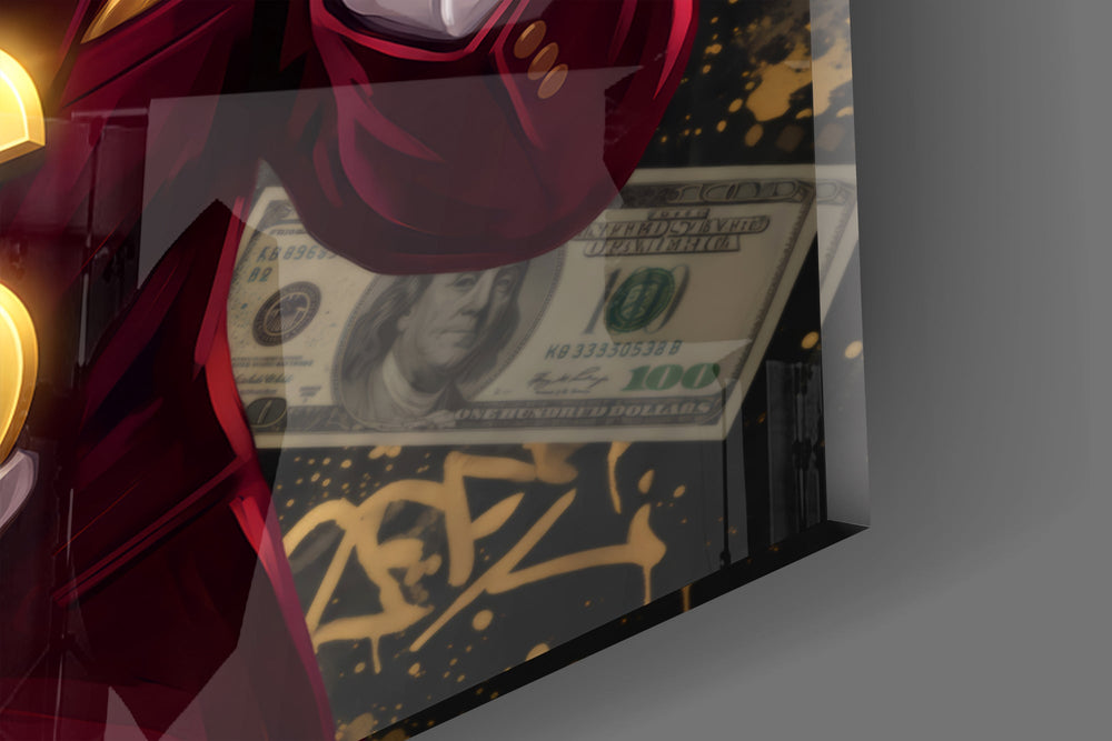 Close-up detail of the golden dollar sign and crimson suit on the glass surface