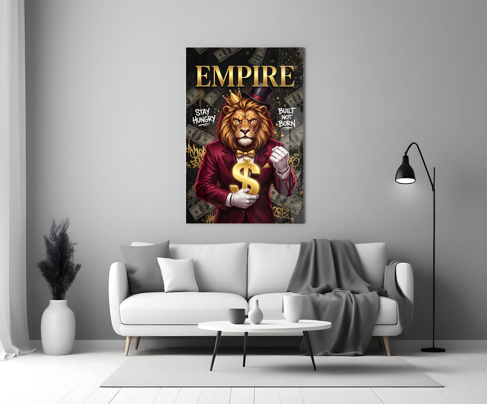 a crowned lion in a red suit holding a gold dollar sign panel bringing character to a minimalist living room wall