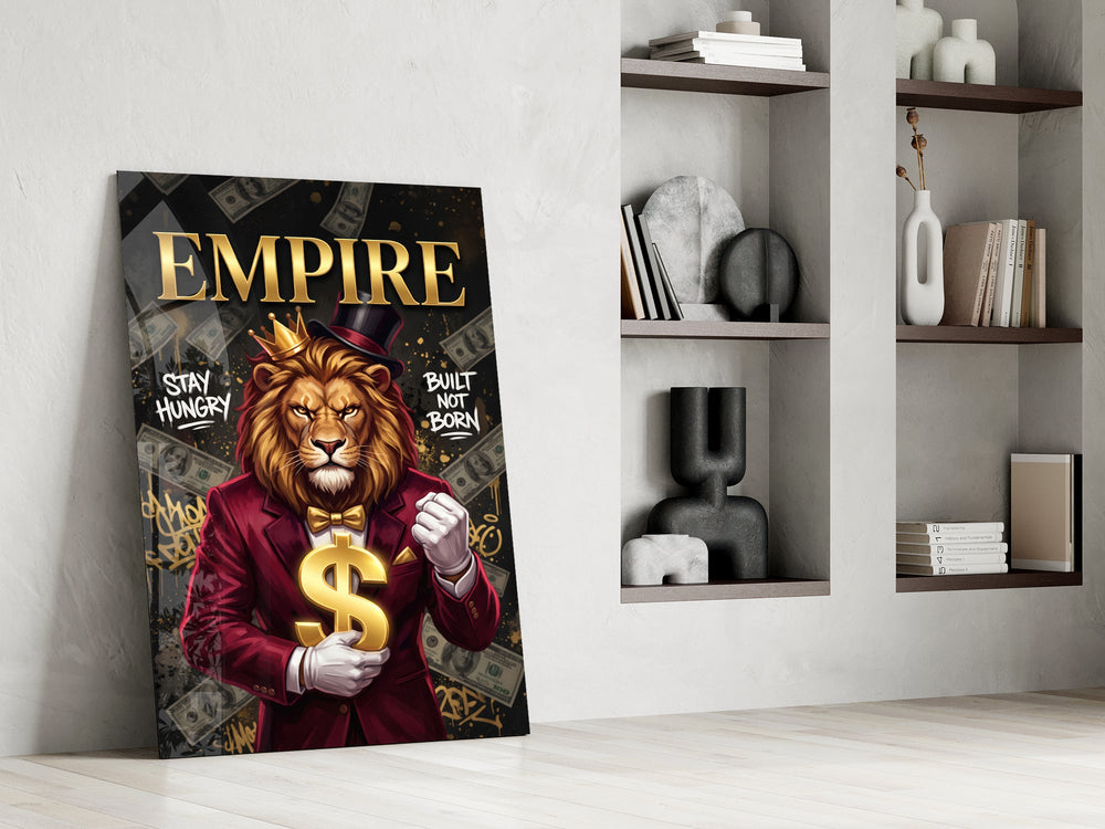 a crowned lion in a red suit holding a gold dollar sign panel resting in a shelving niche in a modern interior