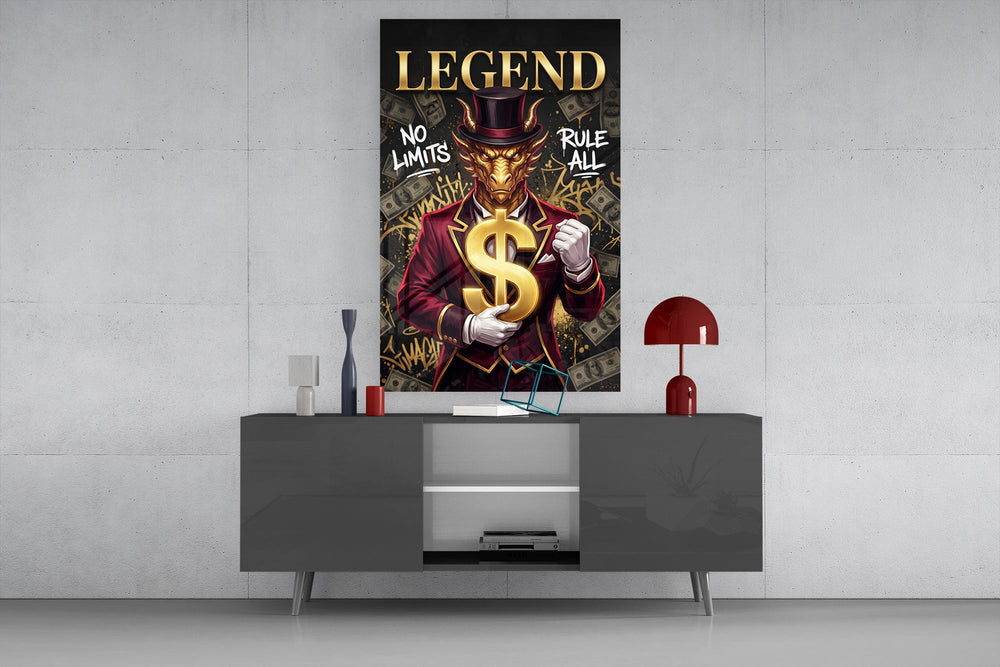 a golden dragon in a suit holding a gold dollar sign glass wall art displayed above a console in a designer interior
