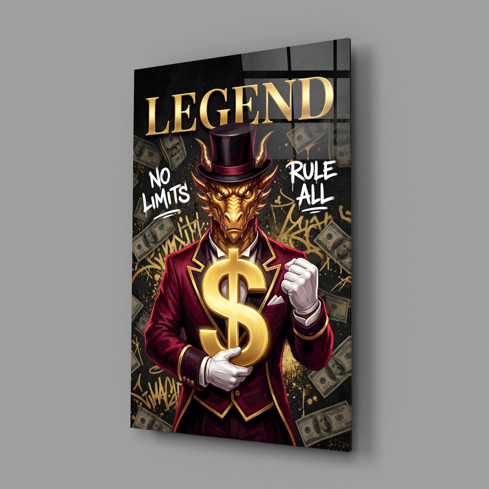 a golden dragon in a suit holding a gold dollar sign glass wall art angled to show the polished tempered glass panel