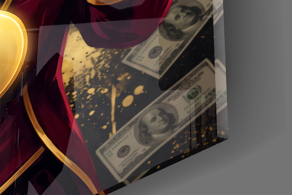 Close-up detail of the golden dragon head and oversized dollar sign on the glass surface