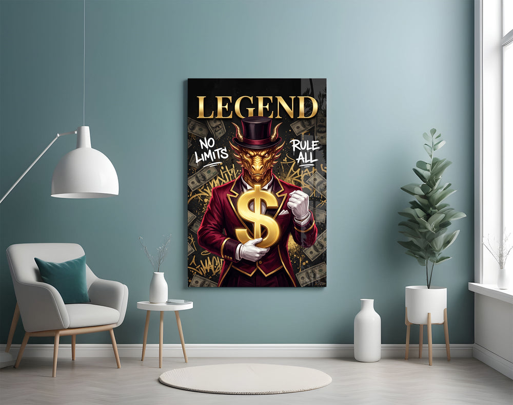 a golden dragon in a suit holding a gold dollar sign glass wall art styled above an armchair in a reading corner