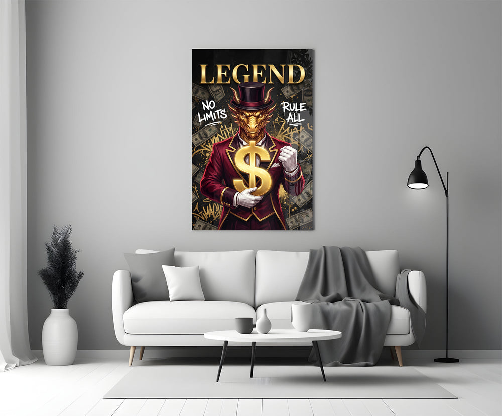 a golden dragon in a suit holding a gold dollar sign panel bringing character to a minimalist living room wall
