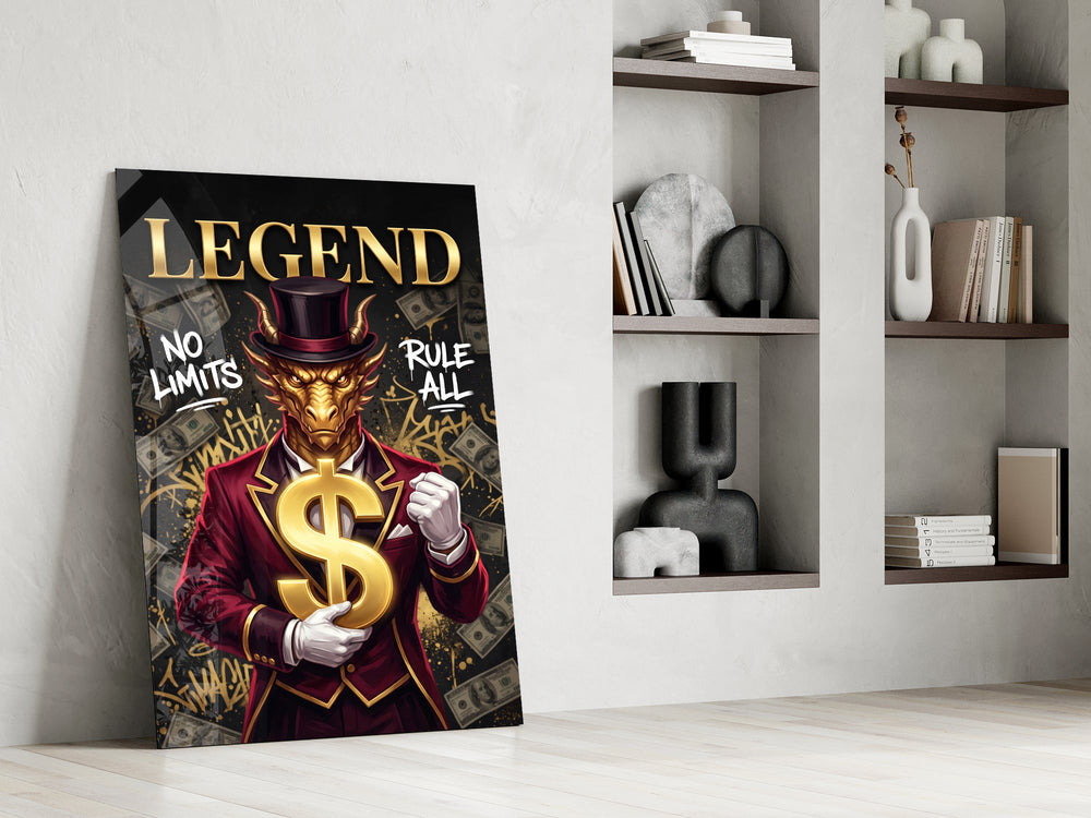 a golden dragon in a suit holding a gold dollar sign panel resting in a shelving niche in a modern interior