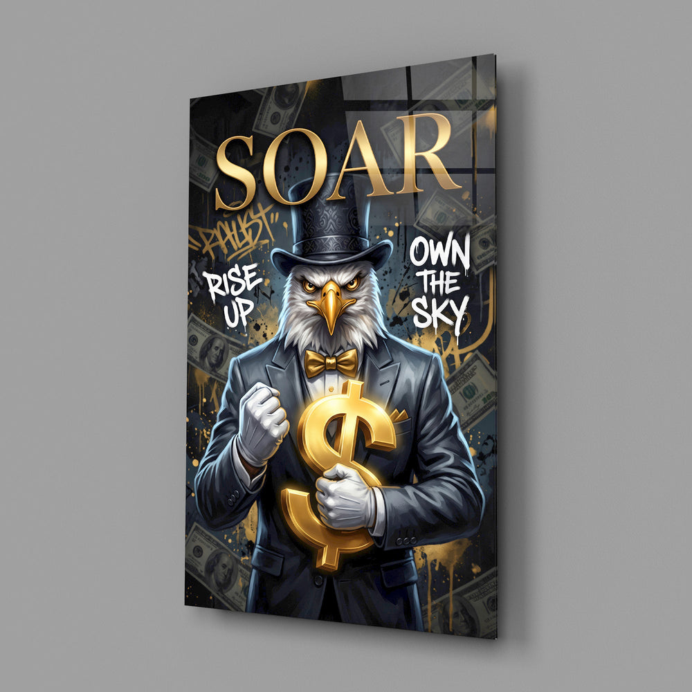suited bald eagle holding a gold dollar sign glass wall art angled to show the polished tempered glass panel