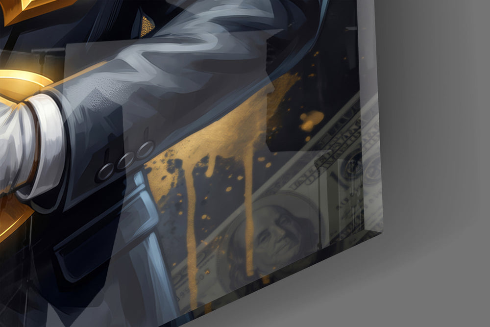 Close-up detail of the gilded dollar sign gripped in white-gloved fists on the glass surface