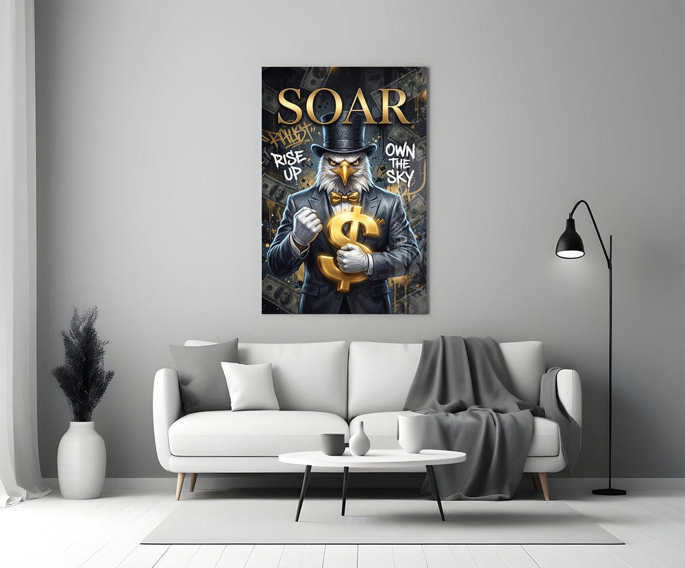 suited bald eagle holding a gold dollar sign panel bringing character to a minimalist living room wall