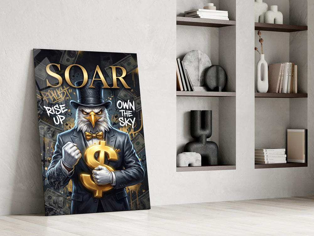 suited bald eagle holding a gold dollar sign panel resting in a shelving niche in a modern interior