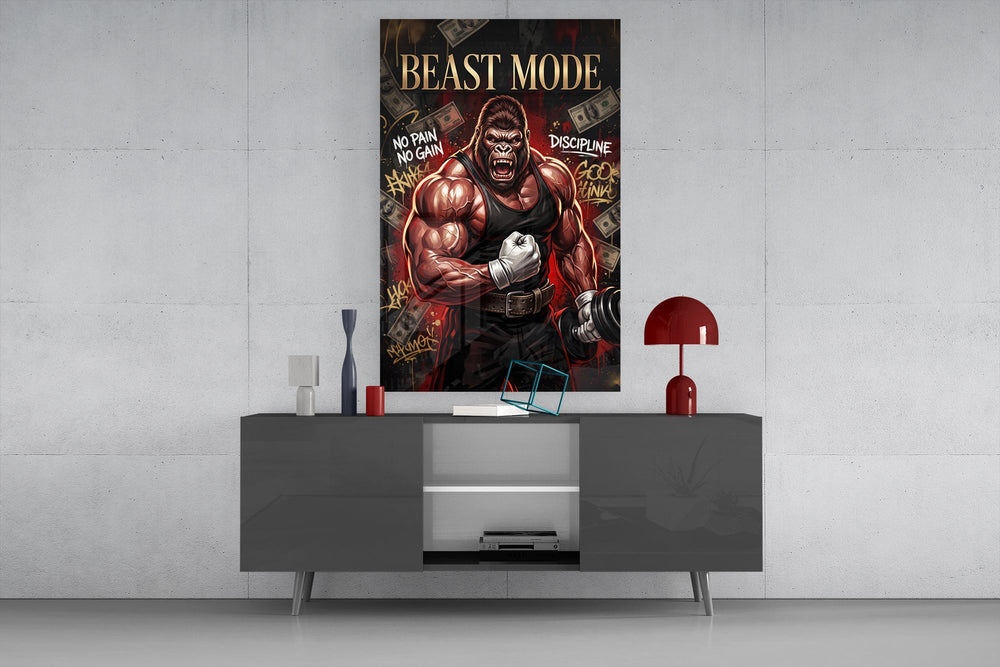 muscular gorilla roaring in a gym glass wall art displayed above a console in a designer interior