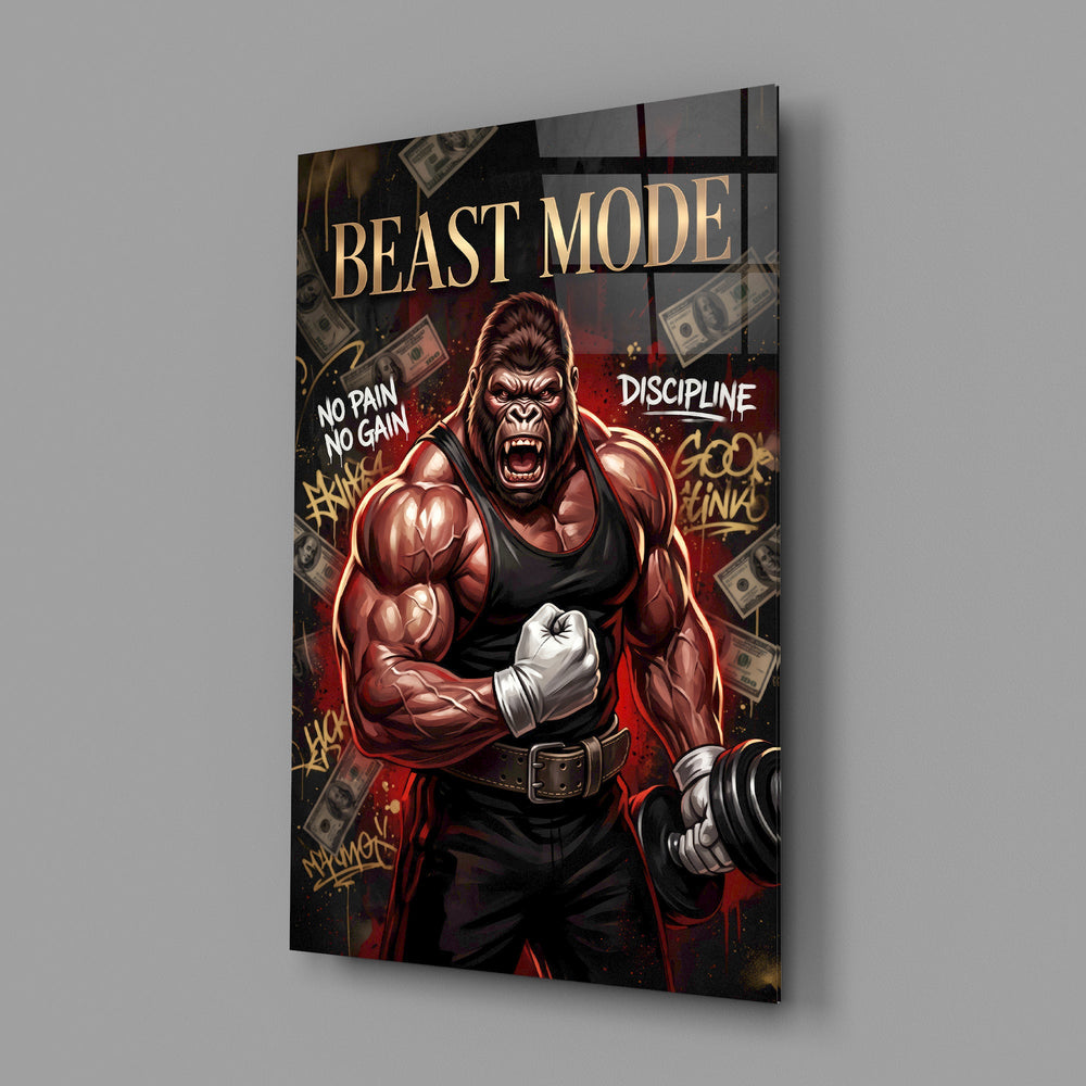 muscular gorilla roaring in a gym glass wall art angled to show the polished tempered glass panel