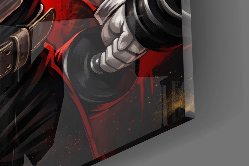 Close-up detail of the clenched fists and weightlifting belt on the glass surface