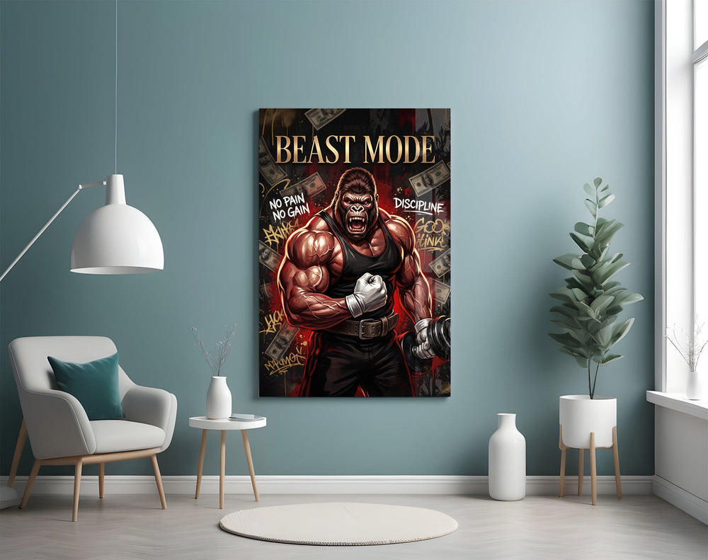 muscular gorilla roaring in a gym glass wall art styled above an armchair in a reading corner
