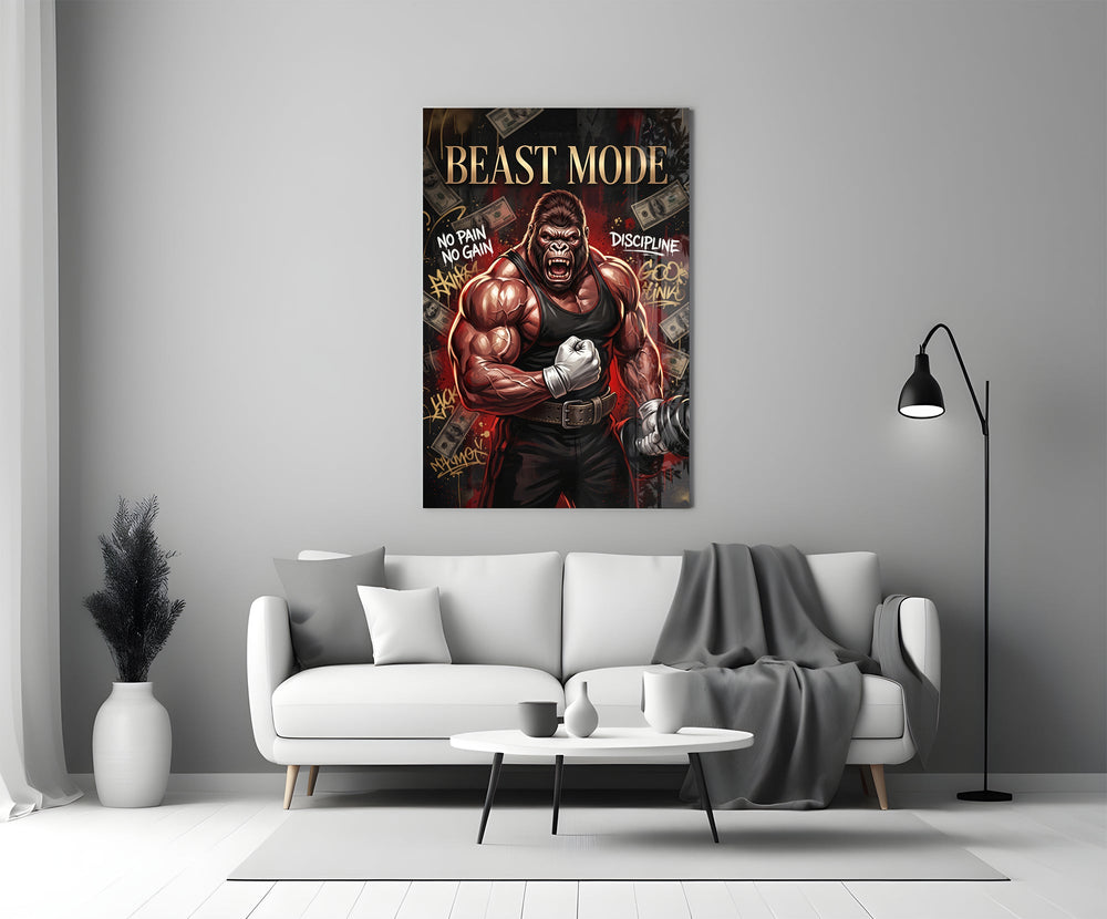 muscular gorilla roaring in a gym panel bringing character to a minimalist living room wall