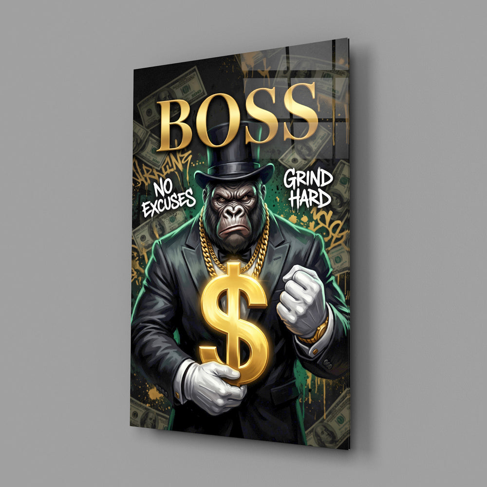 suited gorilla with a gold dollar sign glass wall art angled to show the polished tempered glass panel