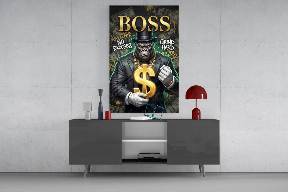 suited gorilla with a gold dollar sign glass wall art displayed above a console in a designer interior