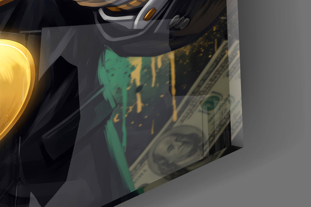 Close-up detail of the thick gold chain and gilded dollar sign on the glass surface