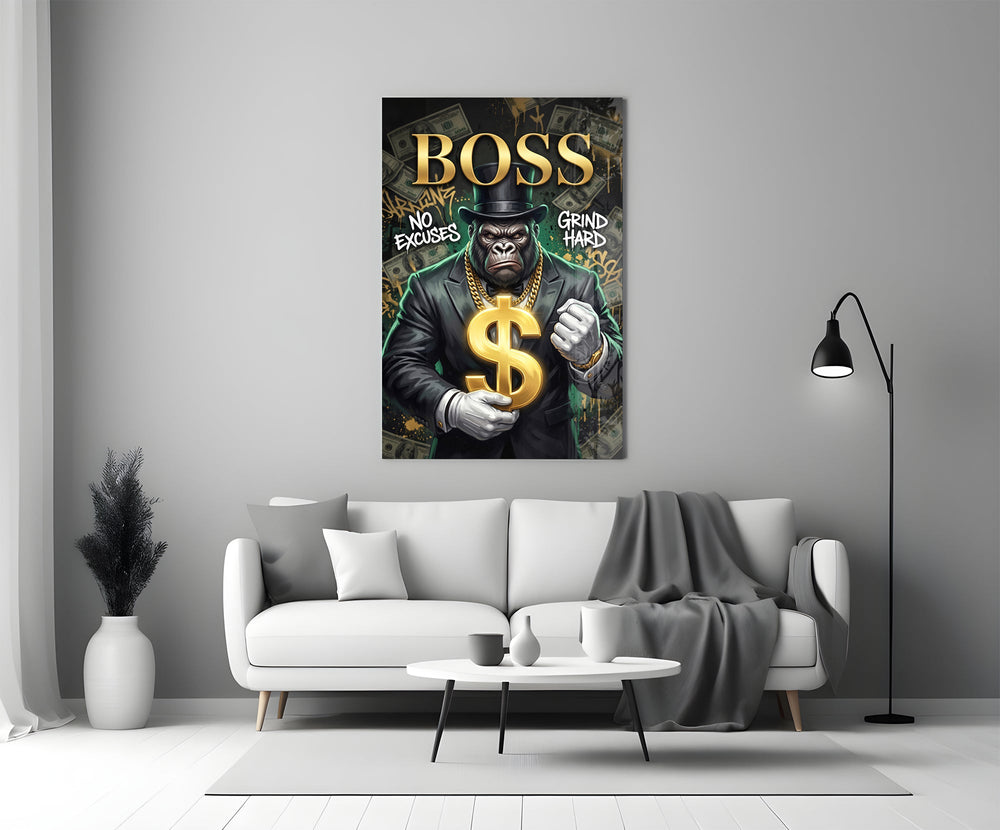 suited gorilla with a gold dollar sign panel bringing character to a minimalist living room wall