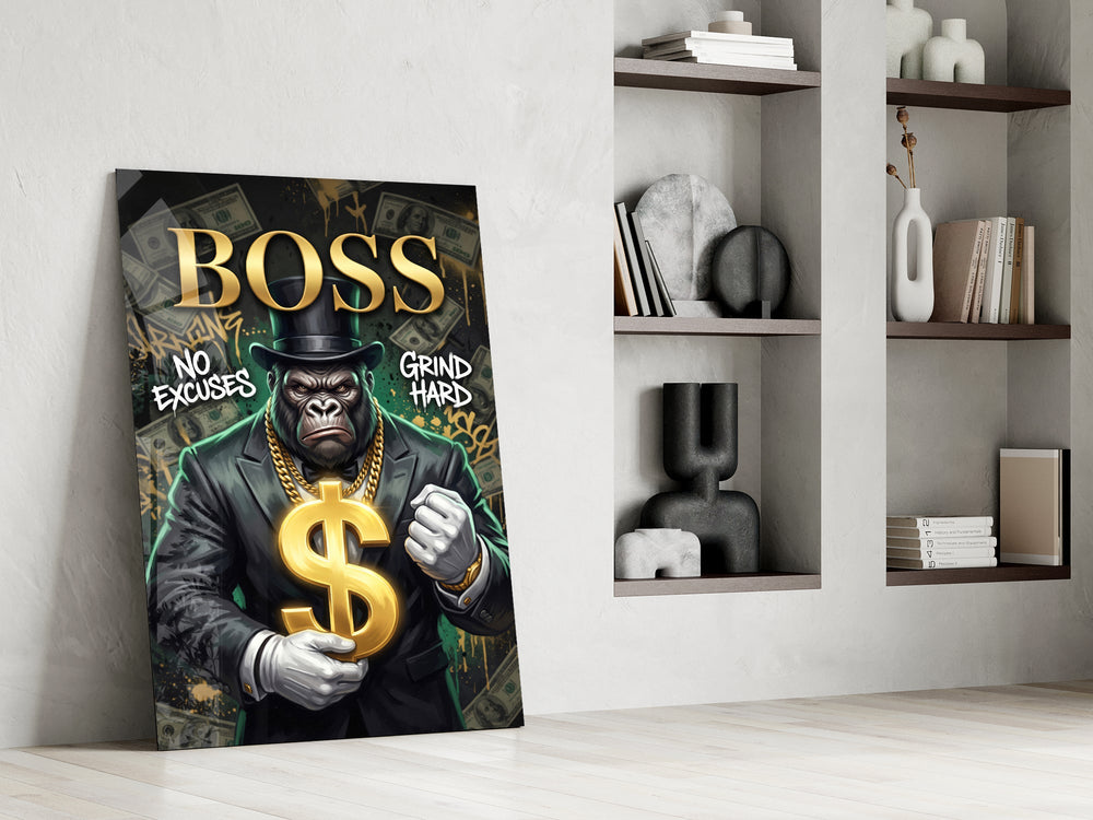 suited gorilla with a gold dollar sign panel resting in a shelving niche in a modern interior