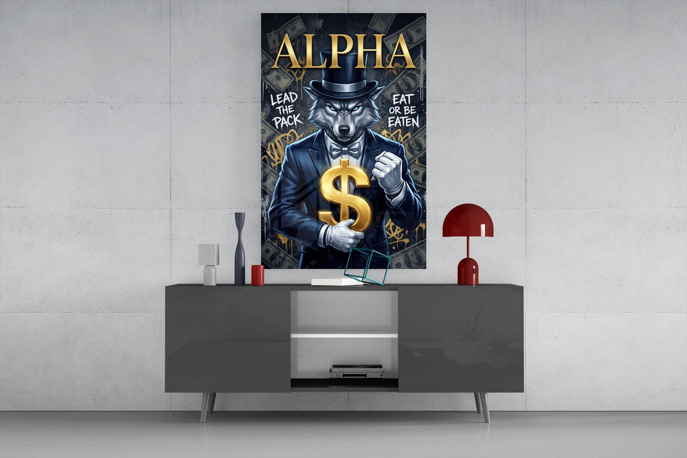 suited blue-eyed wolf with a gold dollar sign glass wall art displayed above a console in a designer interior