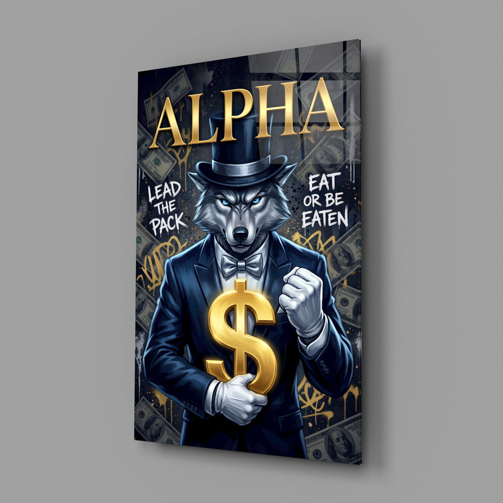 suited blue-eyed wolf with a gold dollar sign glass wall art angled to show the polished tempered glass panel