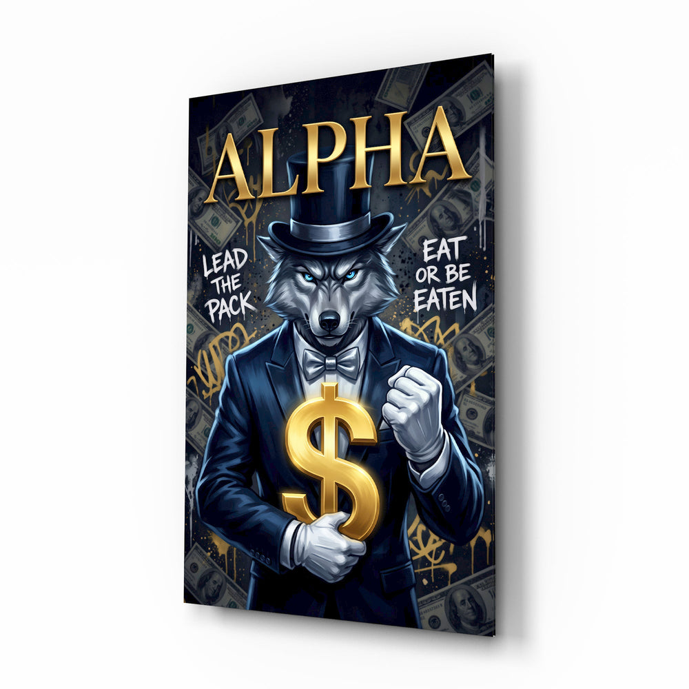 Alpha Suited Wolf Gold Dollar Glass Wall Art - Lifestyle preview in a designer interior