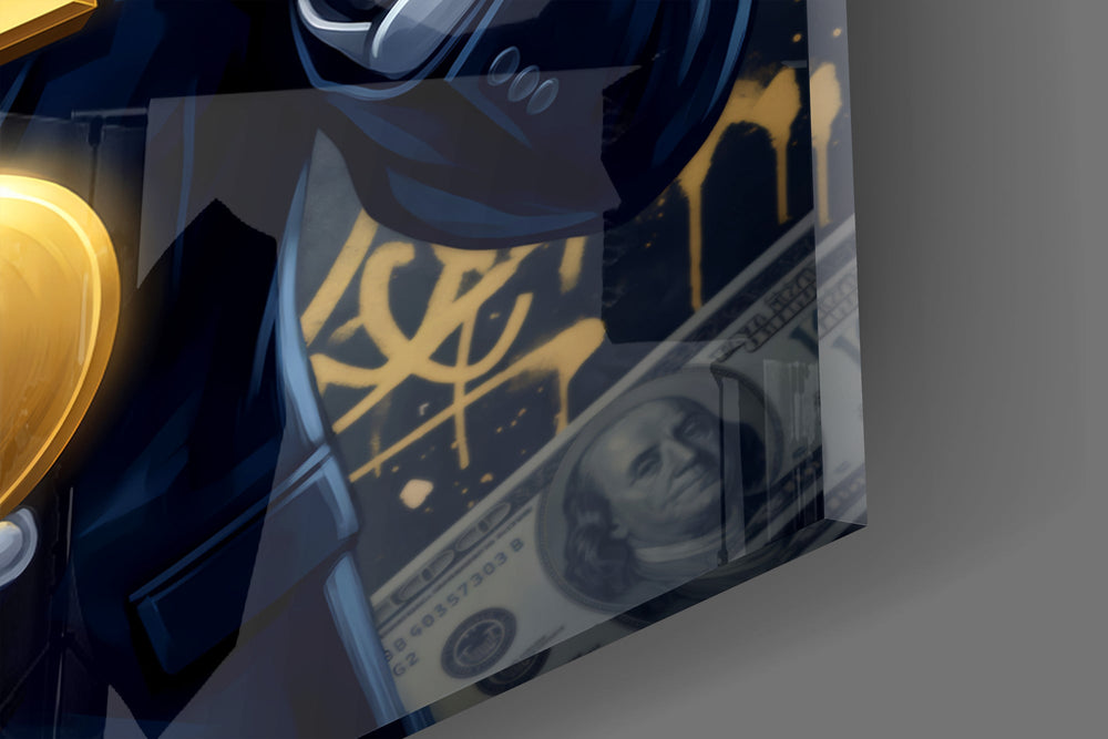 Close-up detail of the piercing blue eyes and gilded dollar sign on the glass surface