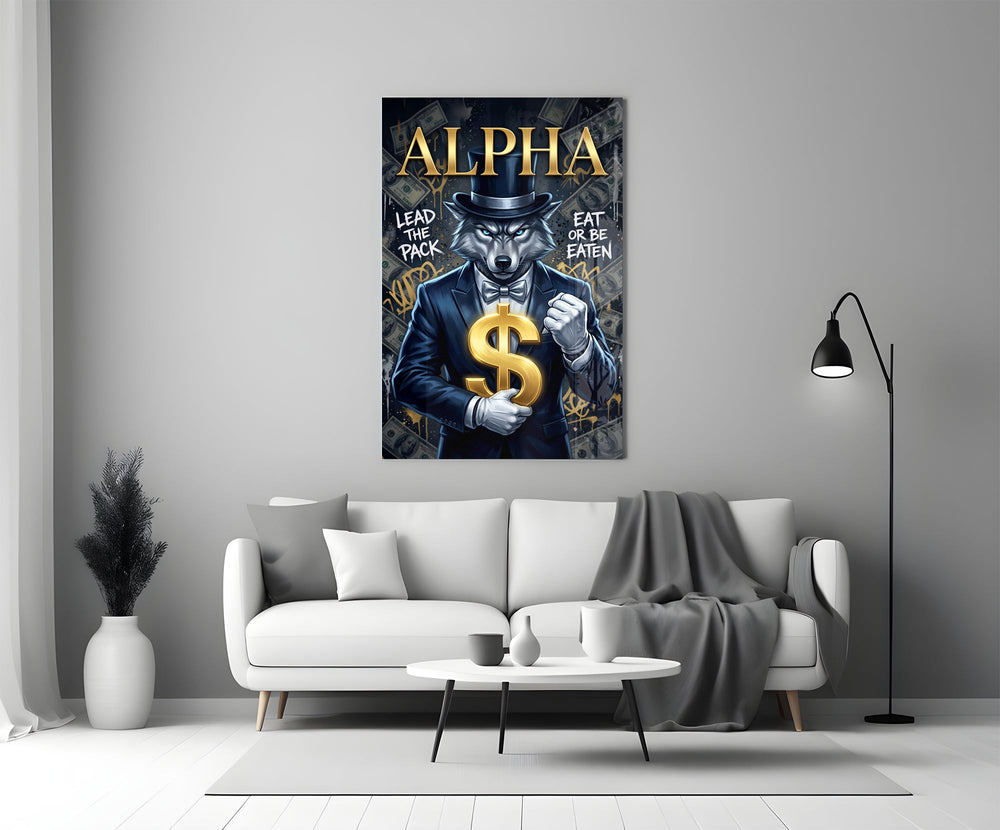 suited blue-eyed wolf with a gold dollar sign panel bringing character to a minimalist living room wall