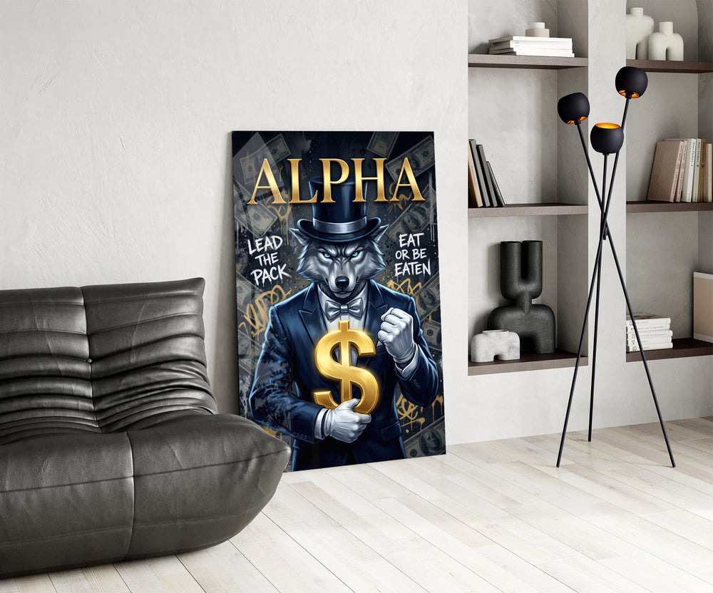 suited blue-eyed wolf with a gold dollar sign glass wall art leaning beside a dark leather sofa