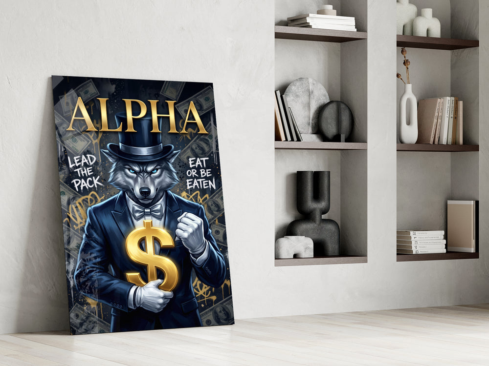 suited blue-eyed wolf with a gold dollar sign panel resting in a shelving niche in a modern interior
