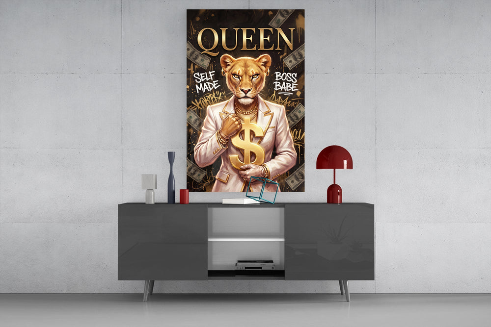 suited lioness with a gold dollar sign glass wall art displayed above a console in a designer interior