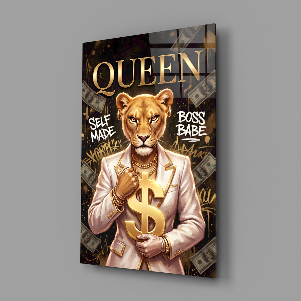 suited lioness with a gold dollar sign glass wall art angled to show the polished tempered glass panel