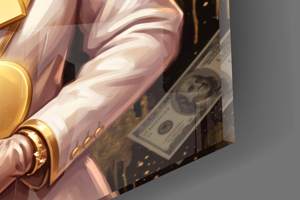 Close-up detail of the white suit, gold chain and gilded dollar sign on the glass surface