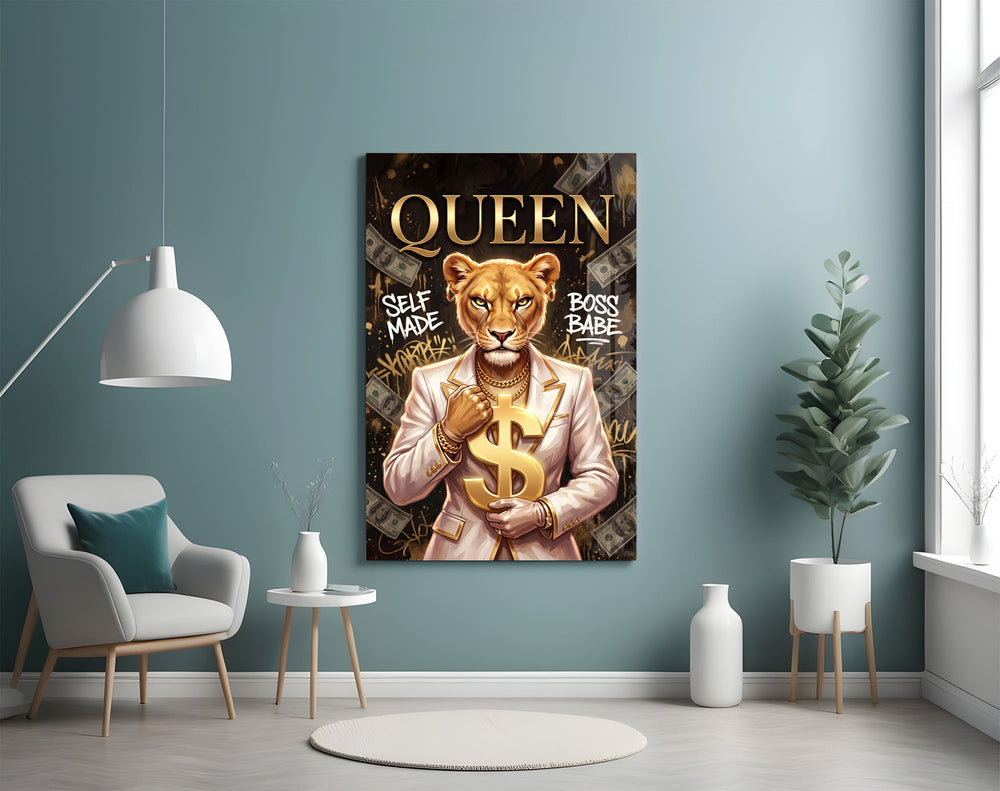 suited lioness with a gold dollar sign glass wall art styled above an armchair in a reading corner