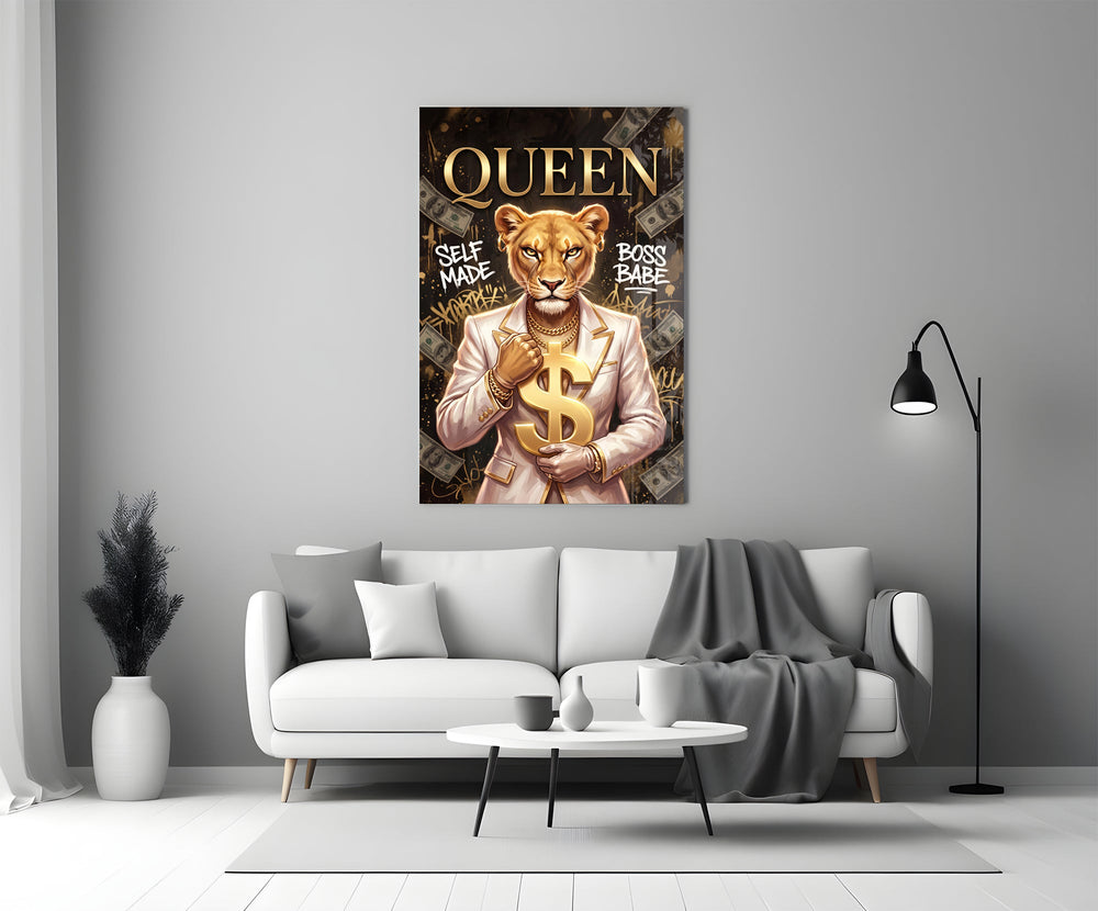 suited lioness with a gold dollar sign panel bringing character to a minimalist living room wall