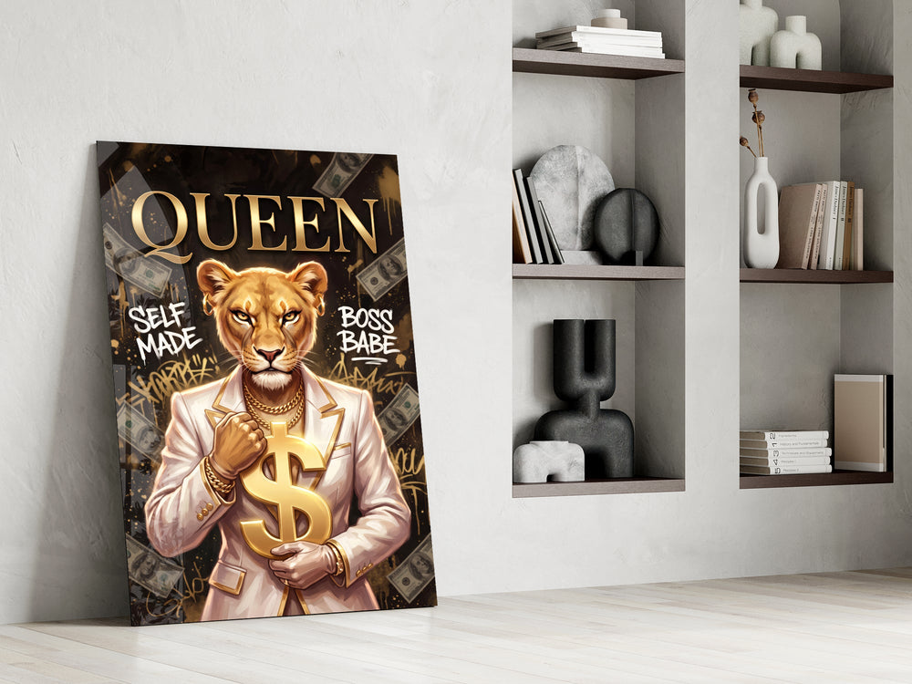 suited lioness with a gold dollar sign panel resting in a shelving niche in a modern interior